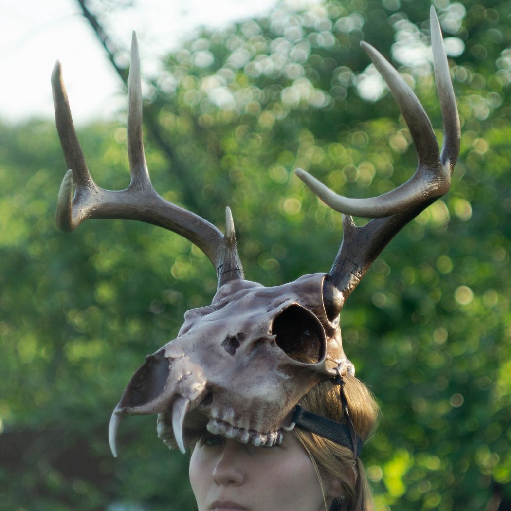 Realistic musk deer skull mask with branching antlers wearable 3D printed helmet
