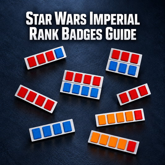 Star Wars Imperial rank badge guide showing ISB, Navy, Army, Staff and Operations badges