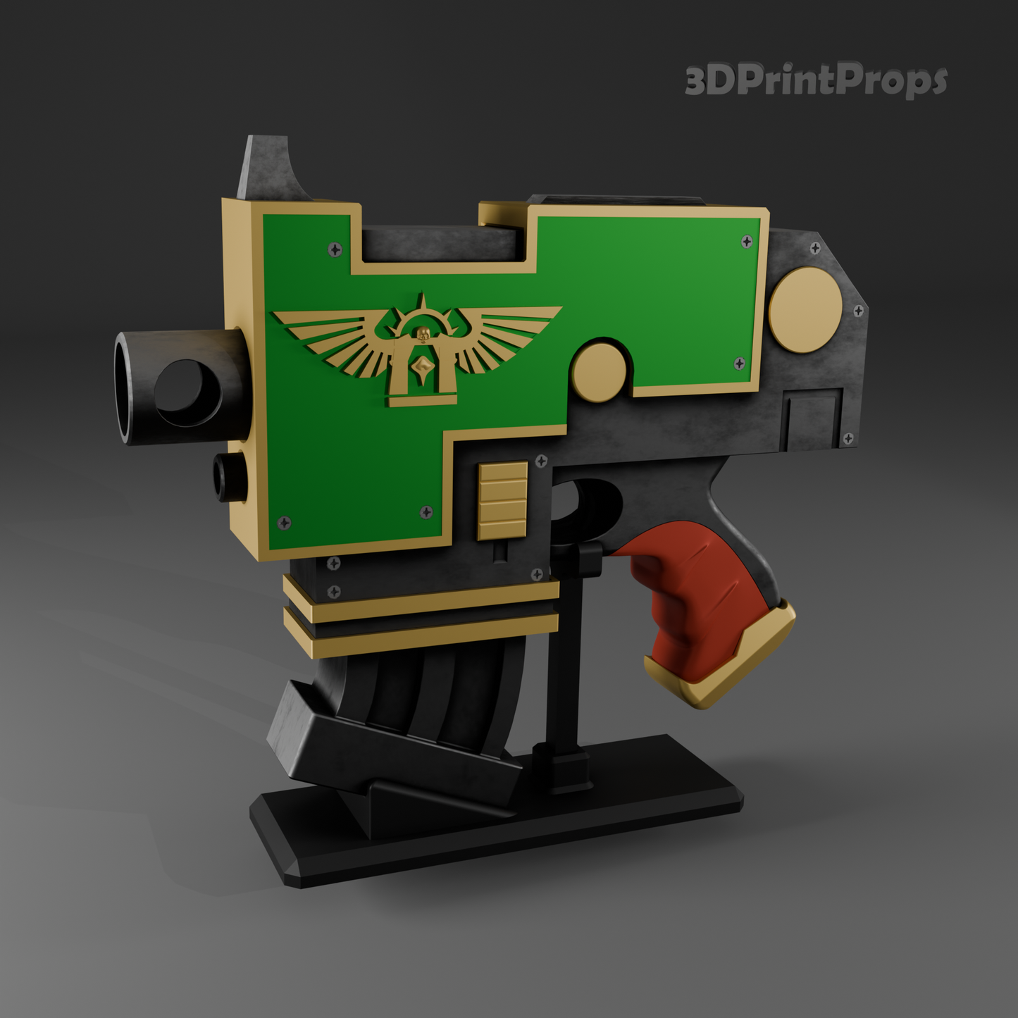 Grimdark Bolt Pistol Prop with 3D Printable Display Stand STL File