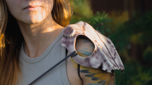 Front view of Deer Skull Pauldrons styled on a woodland druid cosplay armor harness.