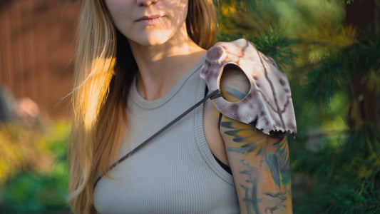 Front view of Deer Skull Pauldrons styled on a woodland druid cosplay armor harness.