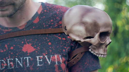 Complete wearable set of twin human skull shoulder armor for dark fantasy