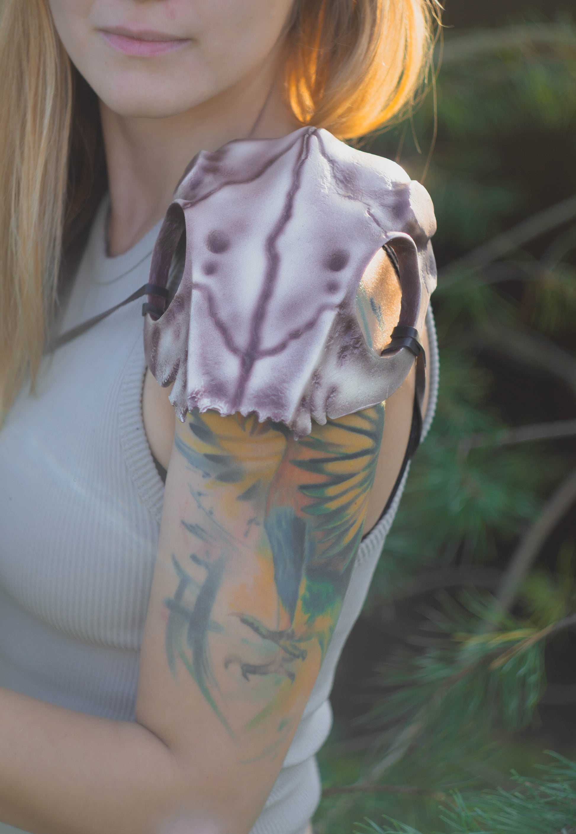 Viking cosplay ram skull shoulder pads with curled horns and straps