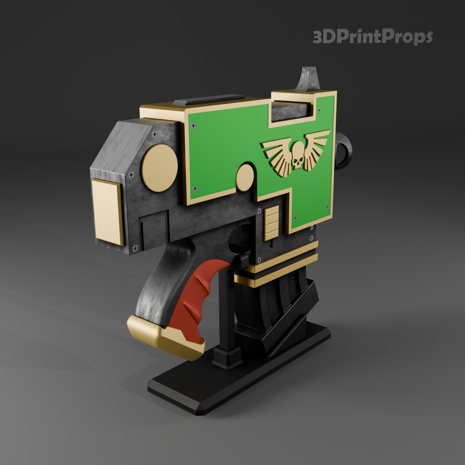 Grimdark Bolt Pistol Prop with 3D Printable Display Stand STL File