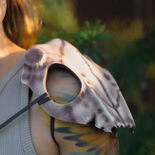 Front view of Deer Skull Pauldrons styled on a woodland druid cosplay armor harness.