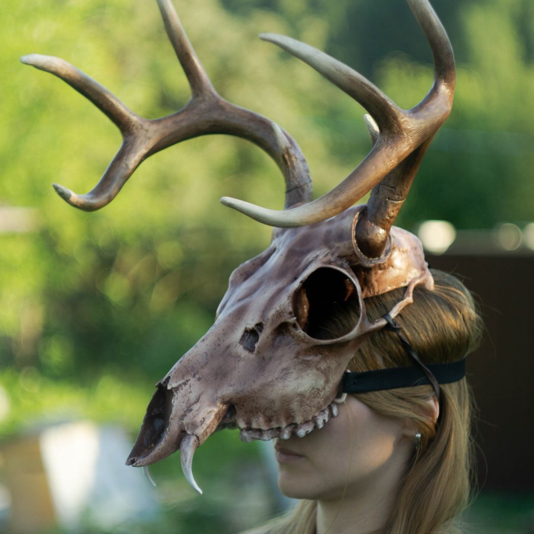 Realistic musk deer skull mask with branching antlers wearable 3D printed helmet