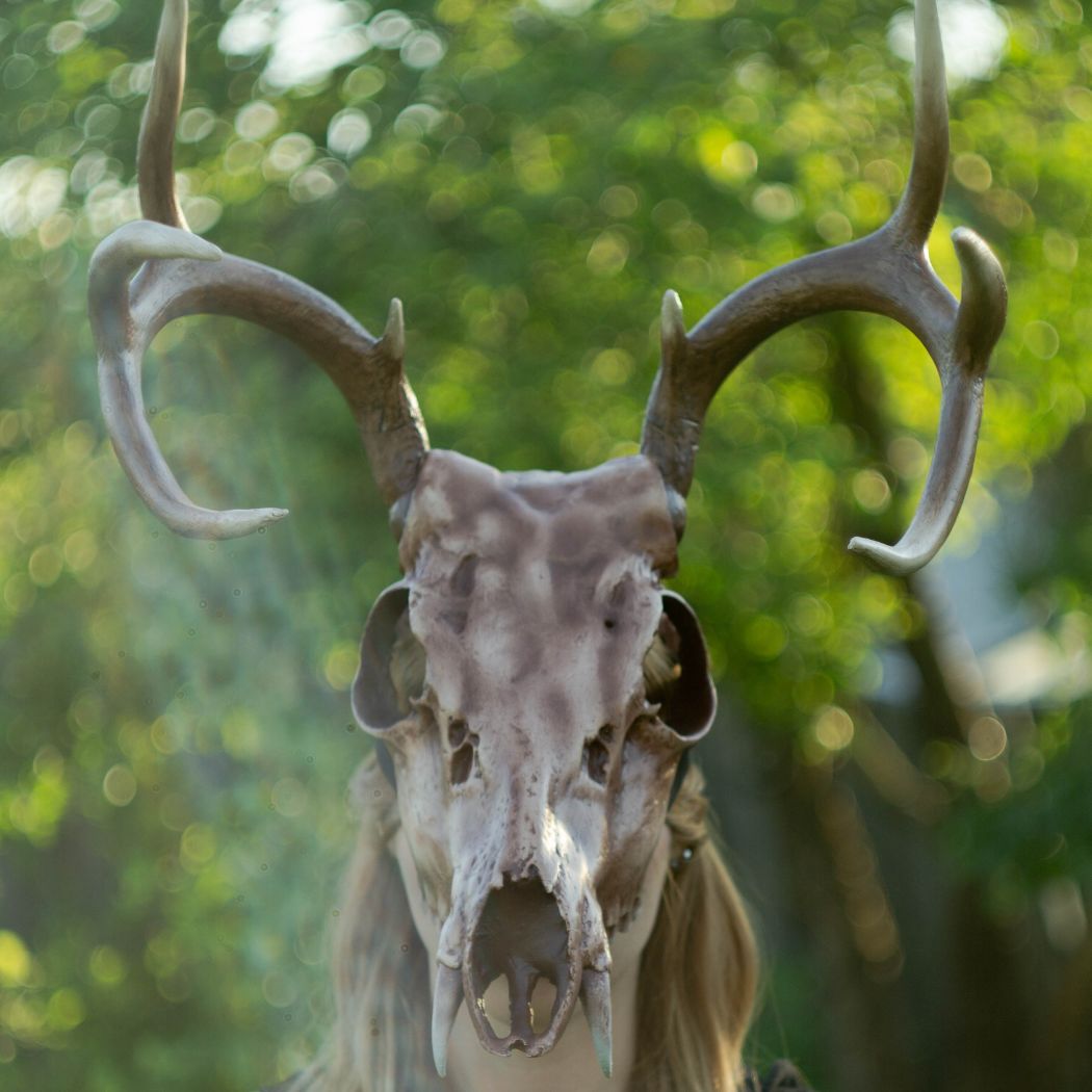 Realistic musk deer skull mask with branching antlers wearable 3D printed helmet