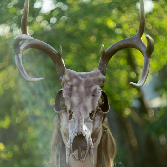 Realistic musk deer skull mask with branching antlers wearable 3D printed helmet