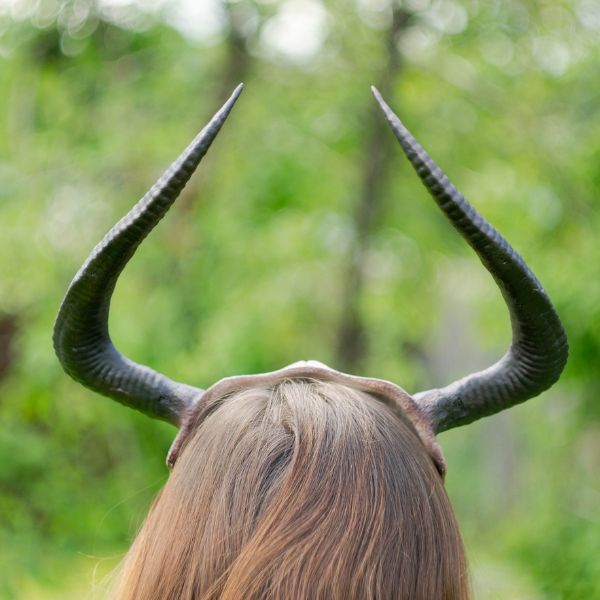 Front view of the Gothic Skull Horned Crown with its hand-painted weathered bone details