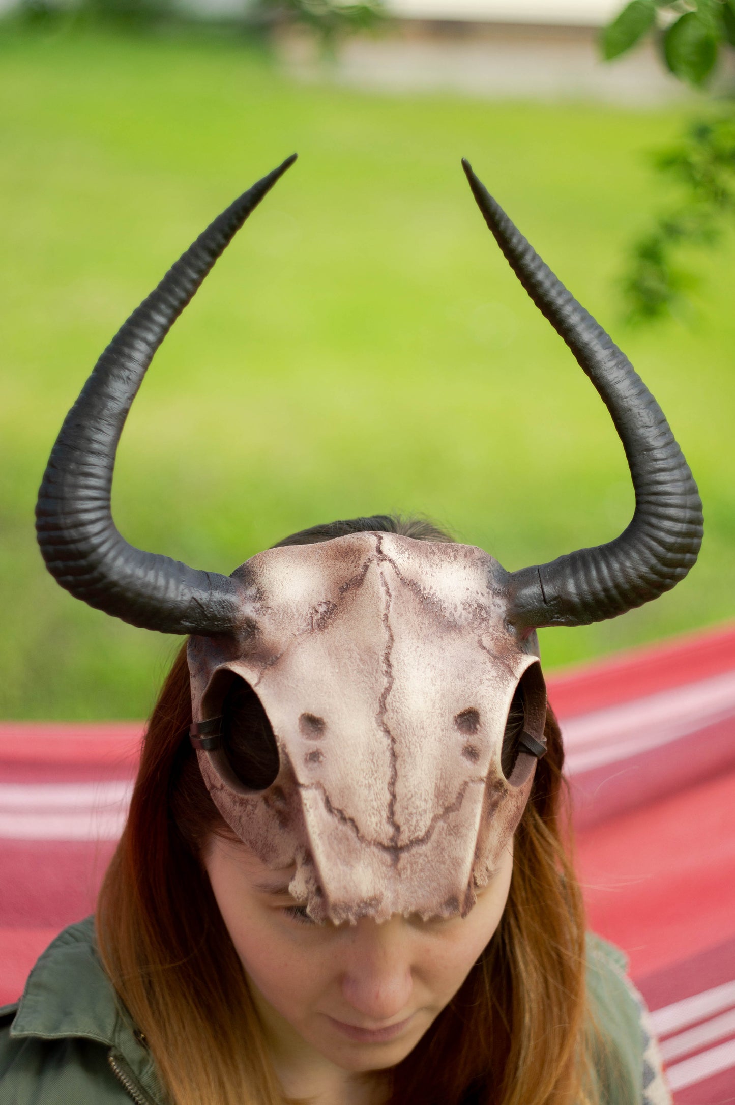 Front view of the Gothic Skull Horned Crown with its hand-painted weathered bone details