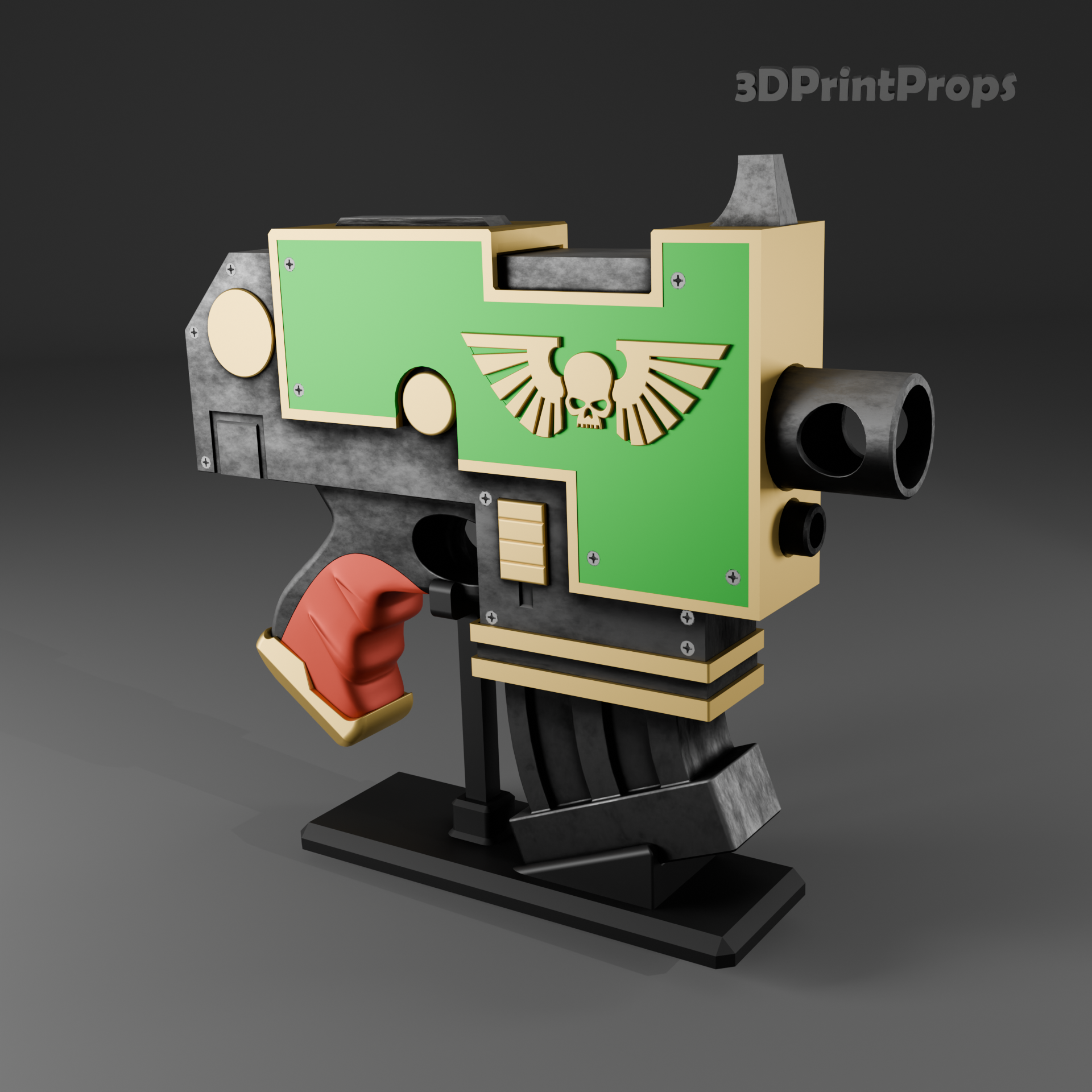 Grimdark Bolt Pistol Prop with 3D Printable Display Stand STL File