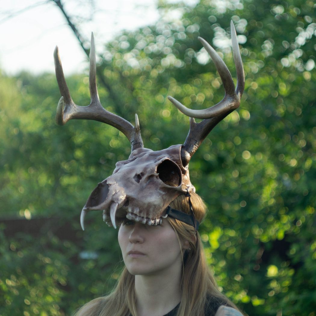 Realistic musk deer skull mask with branching antlers wearable 3D printed helmet