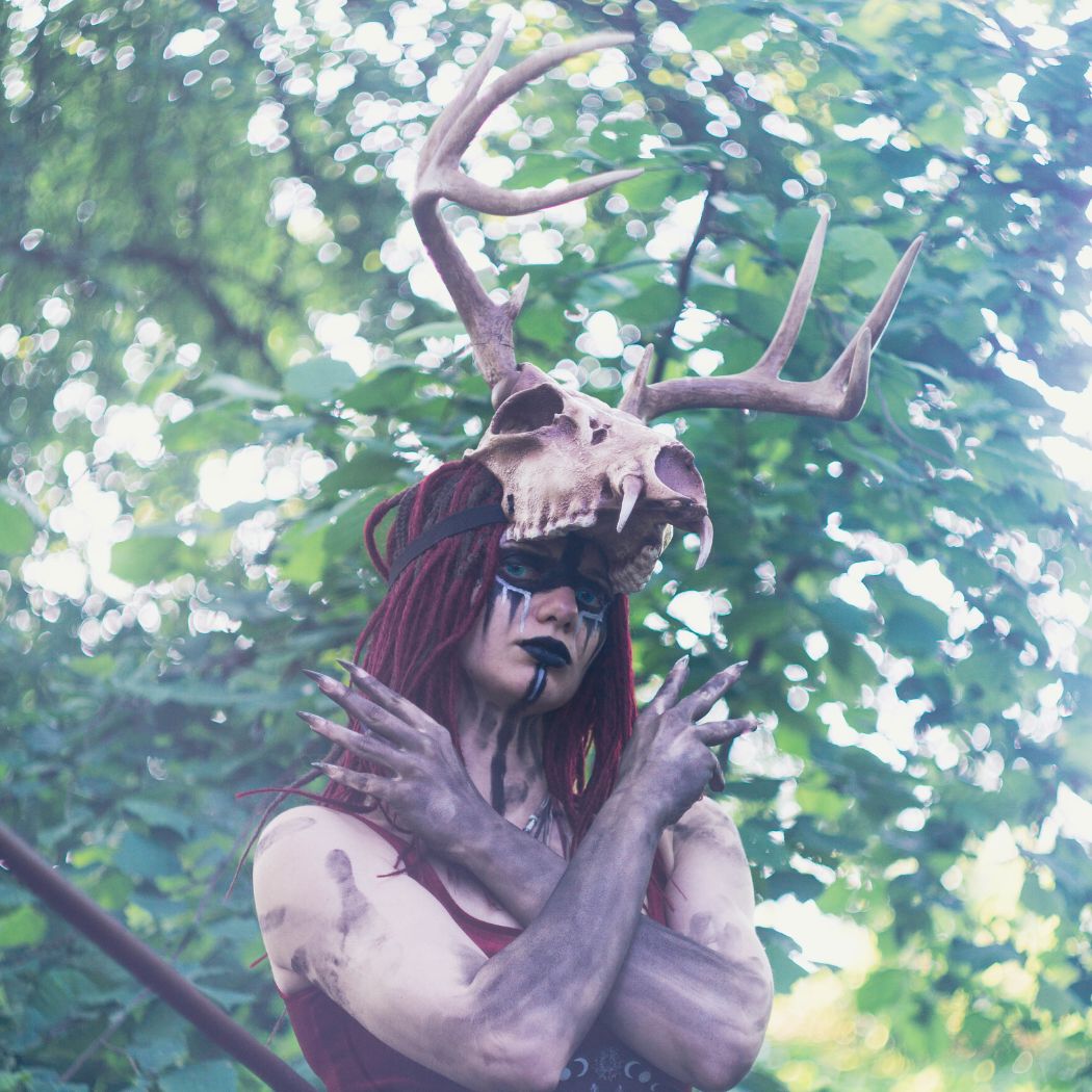 Realistic musk deer skull mask with branching antlers wearable 3D printed helmet