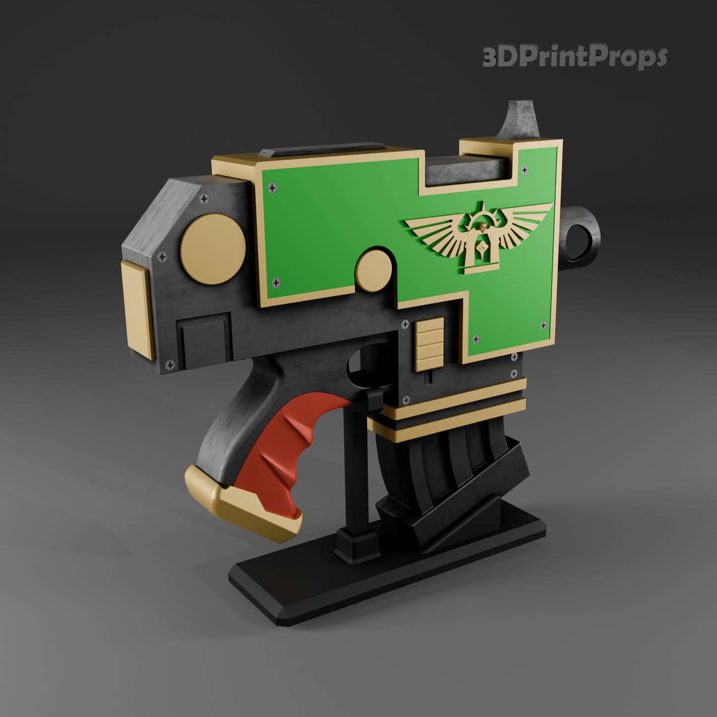 Grimdark Bolt Pistol Prop with 3D Printable Display Stand STL File