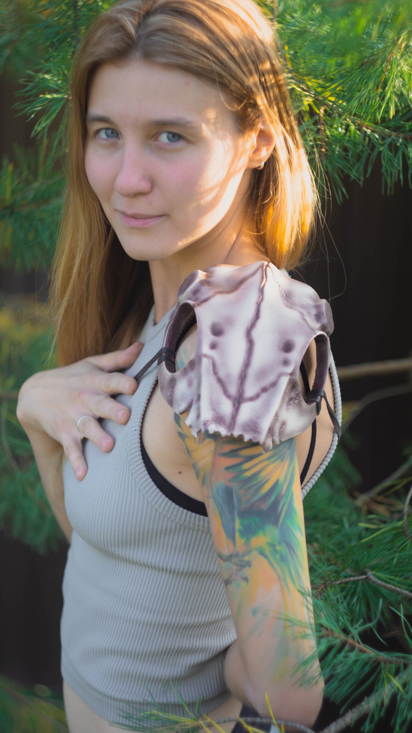 Viking cosplay ram skull shoulder pads with curled horns and straps