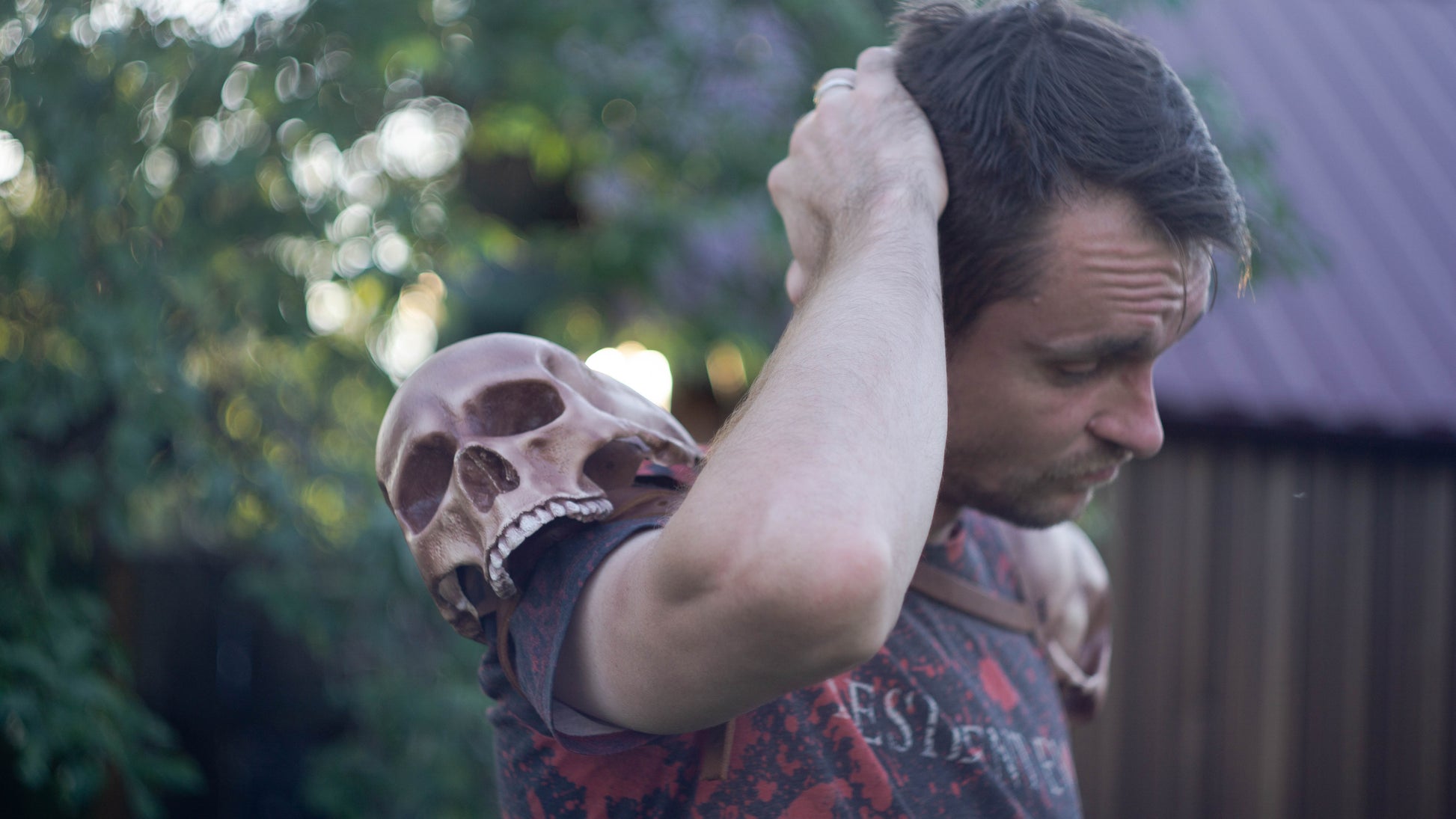 Complete wearable set of twin human skull shoulder armor for dark fantasy