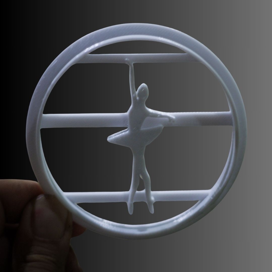 Detailed ballerina pose cookie cutter made from pink bio-safe PLA plastic