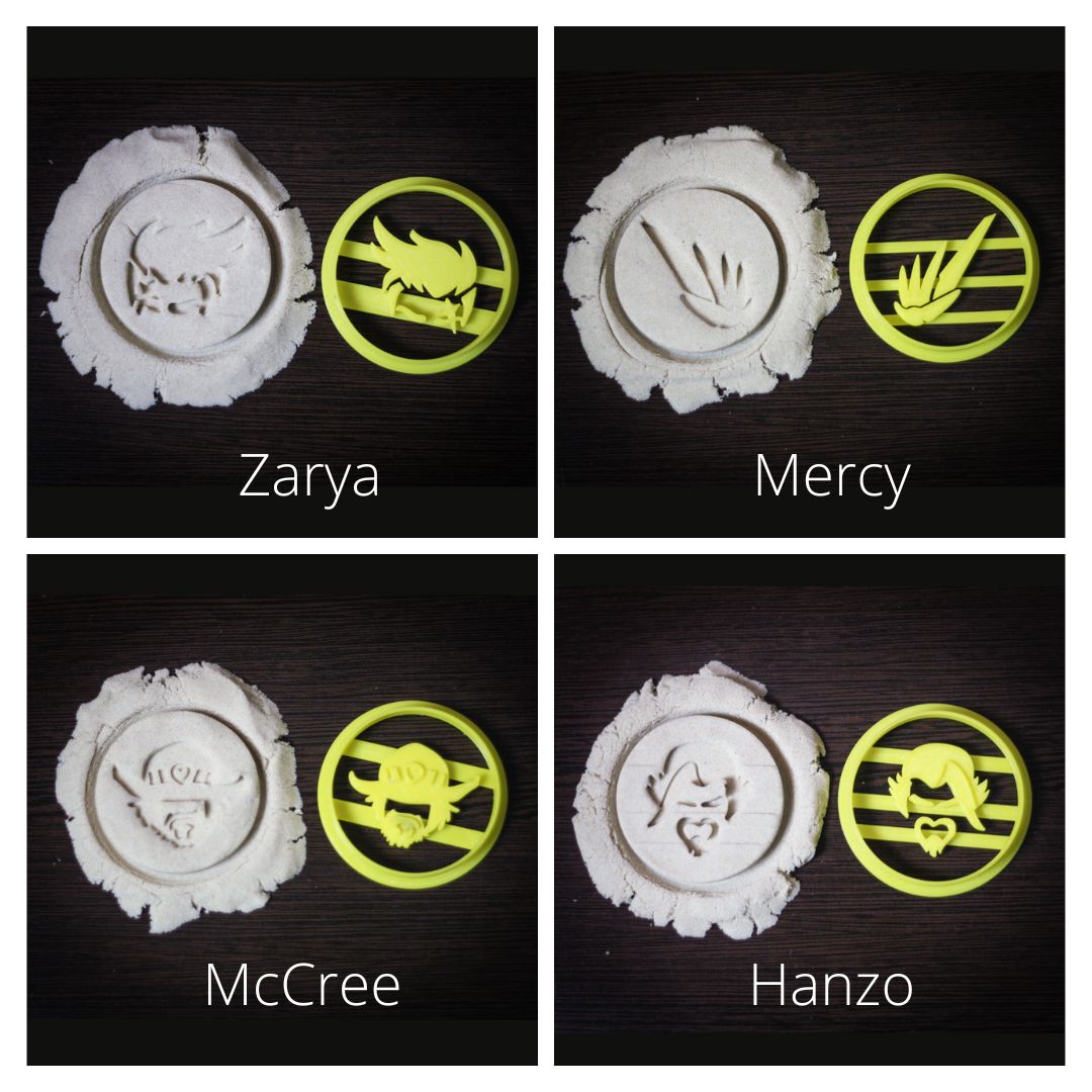 Overwatch 4-piece cookie cutter set featuring Mercy McCree Zarya and Hanzo silhouettes