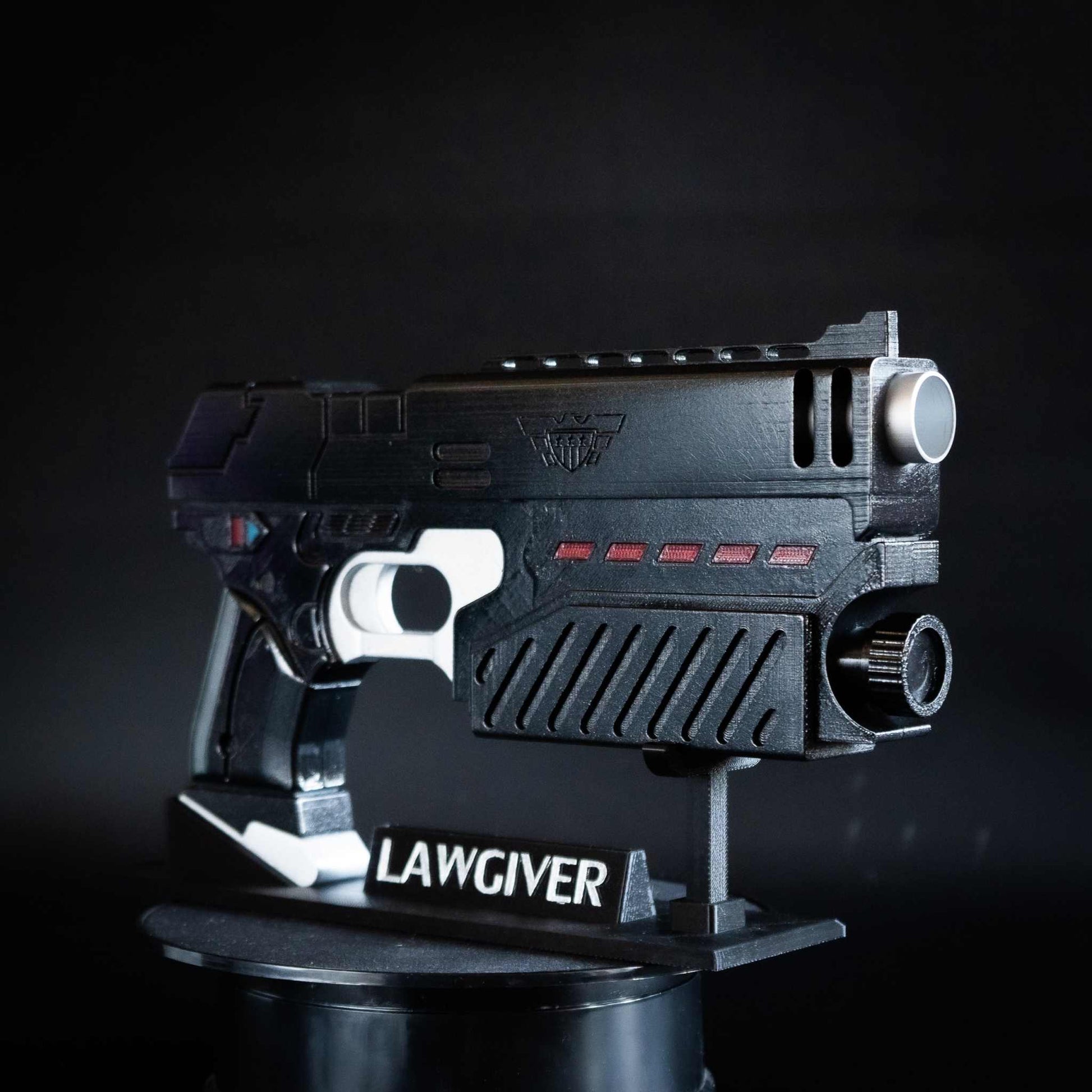11-inch 3D printed Lawgiver replica with hand-painted metallic finish