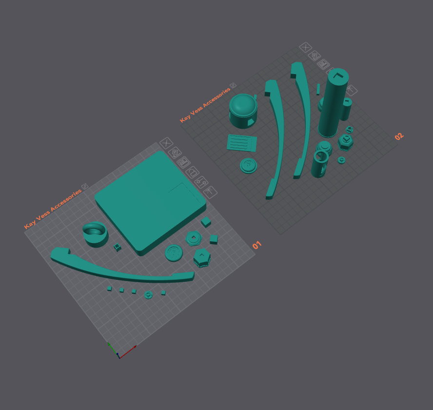 3D model of mechanical parts on a transparent surface with grid lines