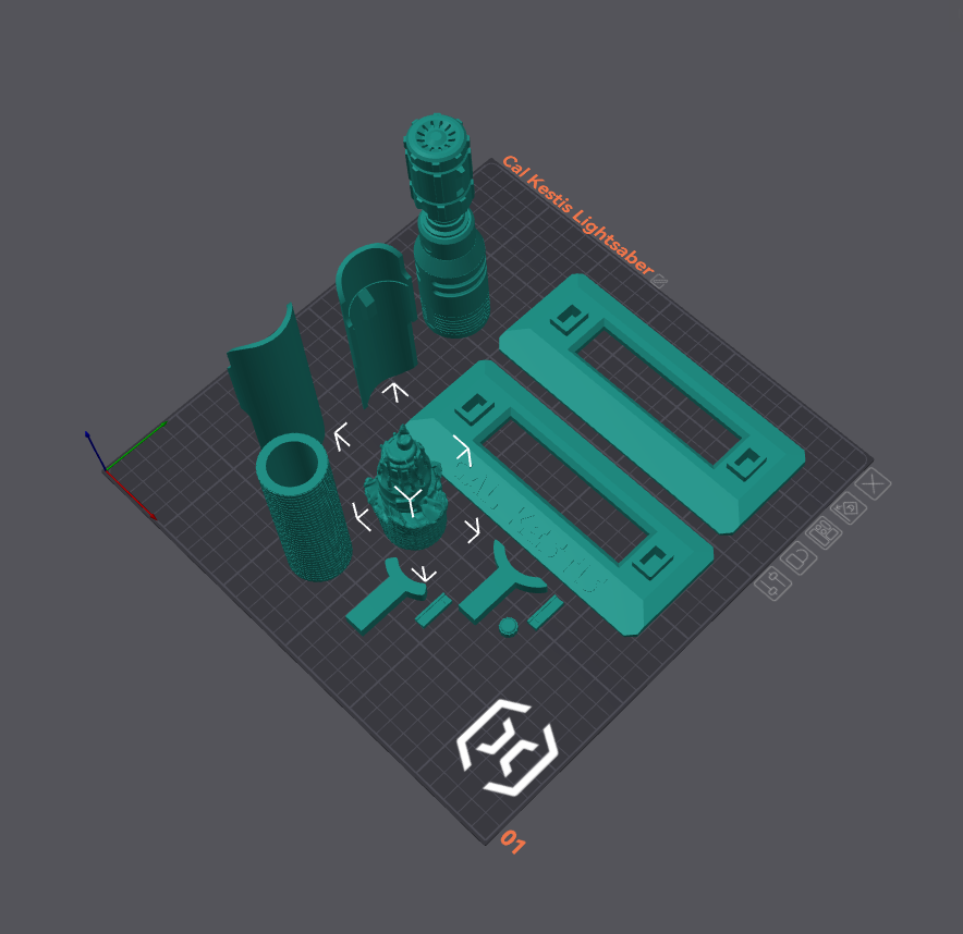 3D Printable Cal Kestis Saber Parts Separated for 1 Inch Core Assembly