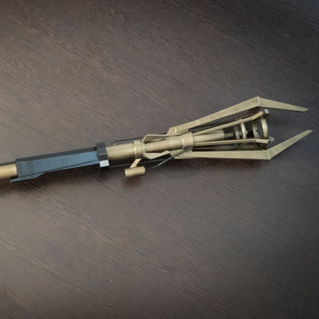 Close-up of 3D printed ancient runes and dieselpunk textures on the Wind Staff