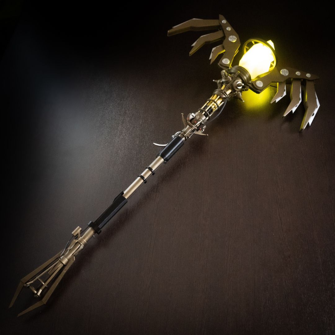 Glowing LED crystal crown of the Wind Staff showing mystical blue light