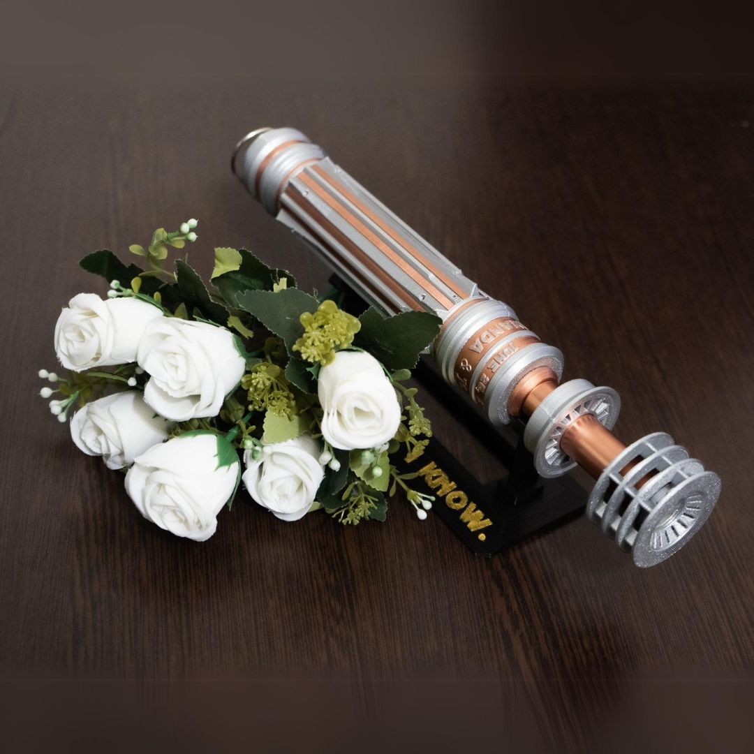 Princess Leia lightsaber bouquet holder for Star Wars themed weddings