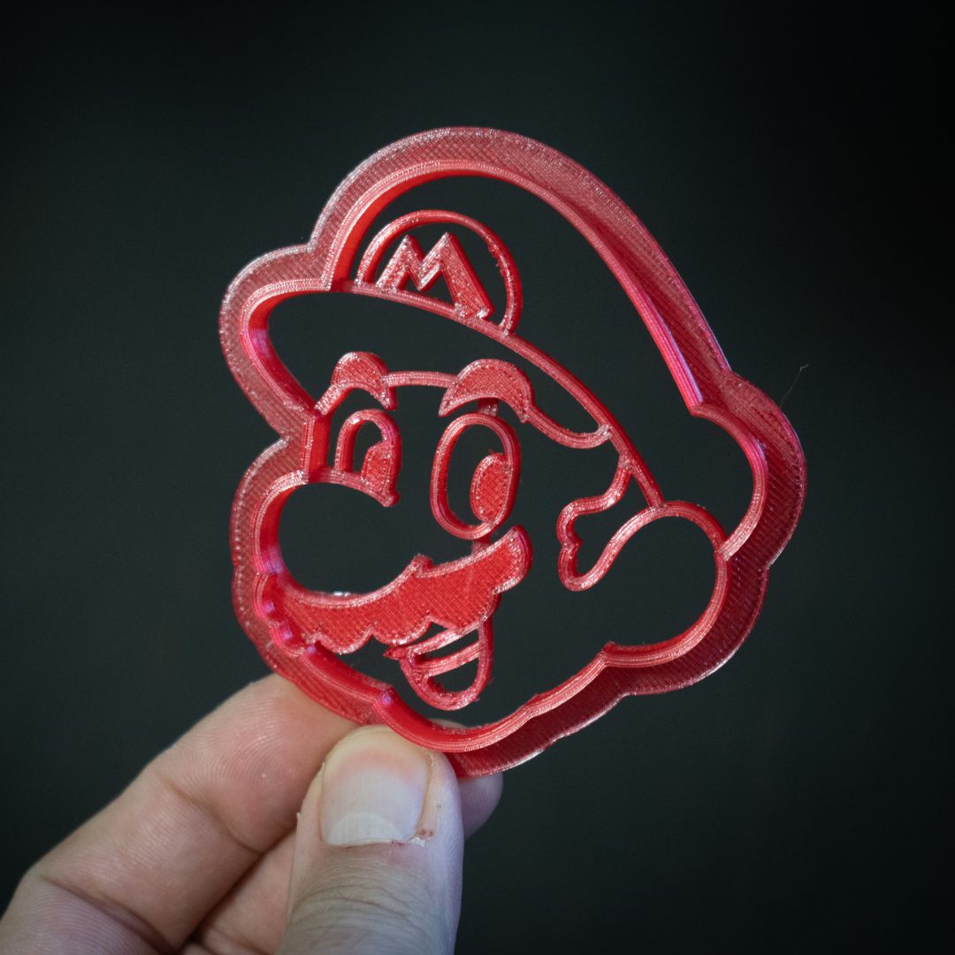 3D printed Mario character cookie cutter in sustainable red bio-plastic