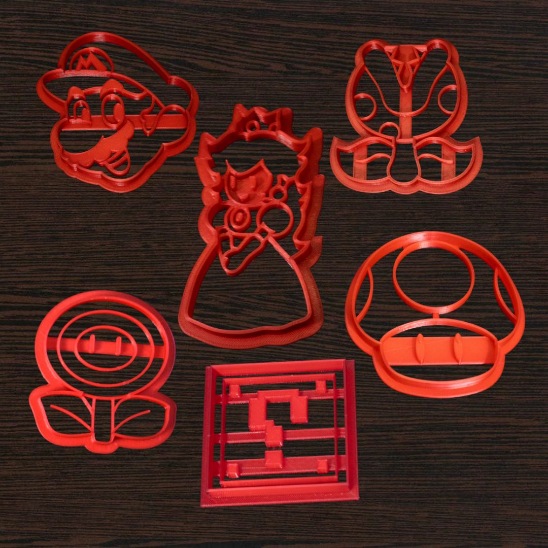 Full 6-piece Super Mario cookie cutter set made from eco-friendly bio-safe PLA plastic