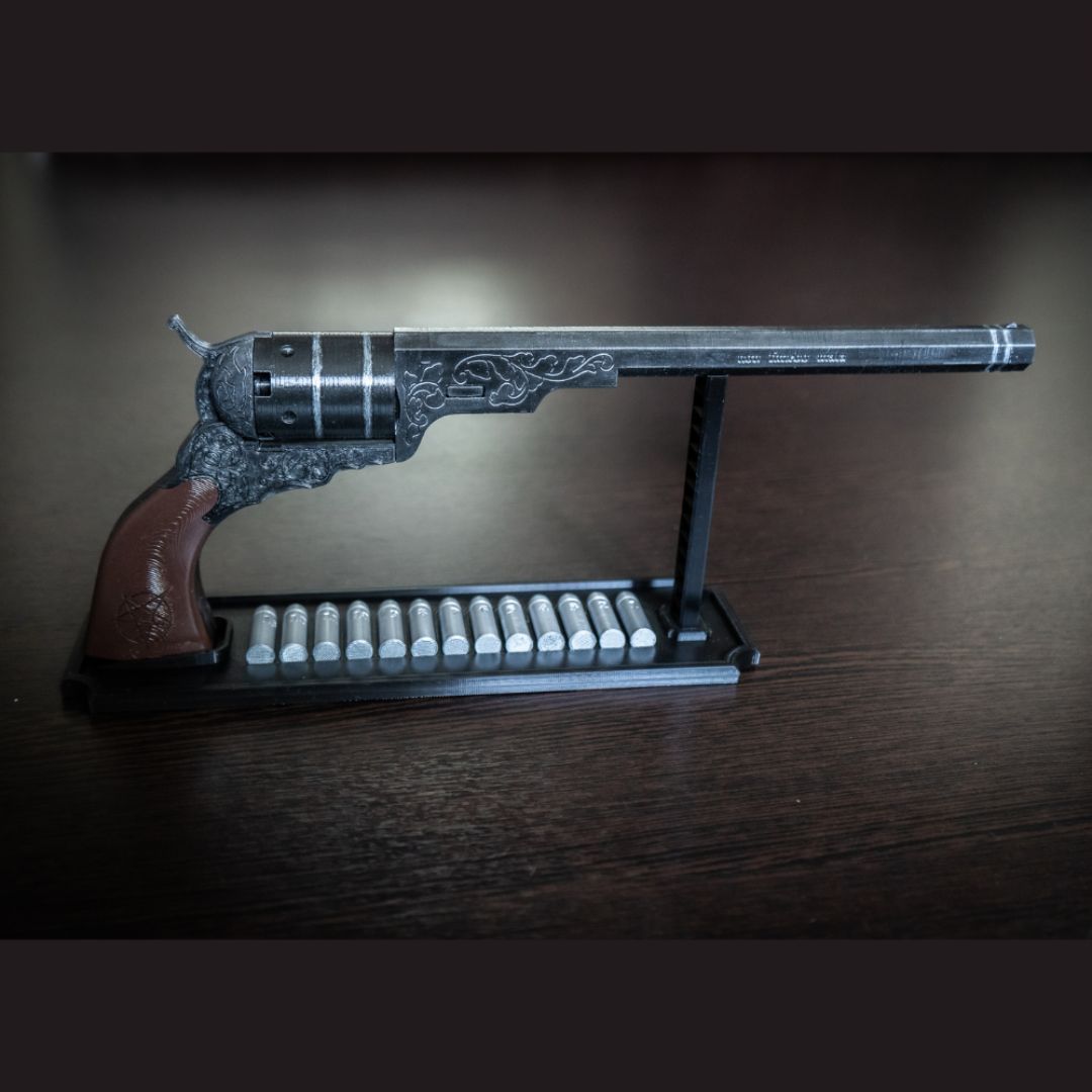 Supernatural Colt gun prop with 13 engraved bullets and display stand