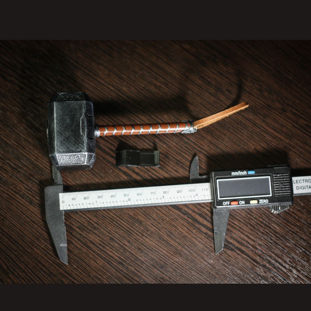 1:4 scale Thor hammer miniature replica made of hand-painted UV resin with leather strap handle and display stand