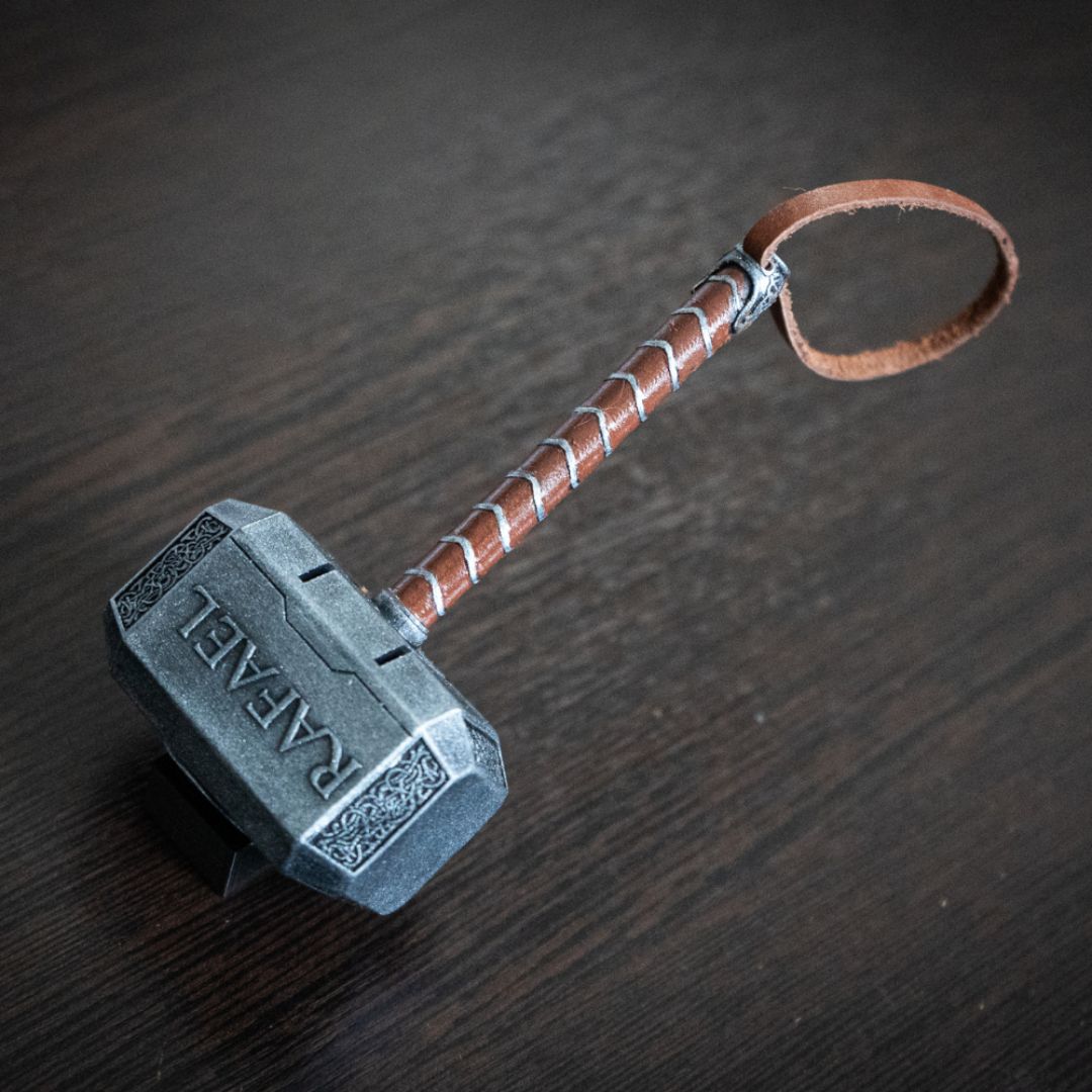 Thor Hammer Miniature 1:4 scale detailed resin replica with leather strap and personalized engraving on display stand