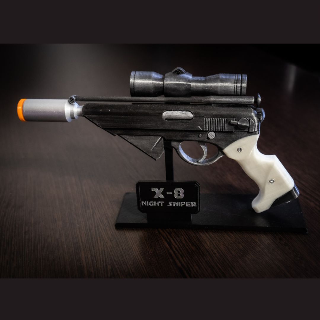 Full side view of the X-8 Night Sniper blaster replica with orange safety plug