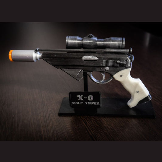 Full side view of the X-8 Night Sniper blaster replica with orange safety plug