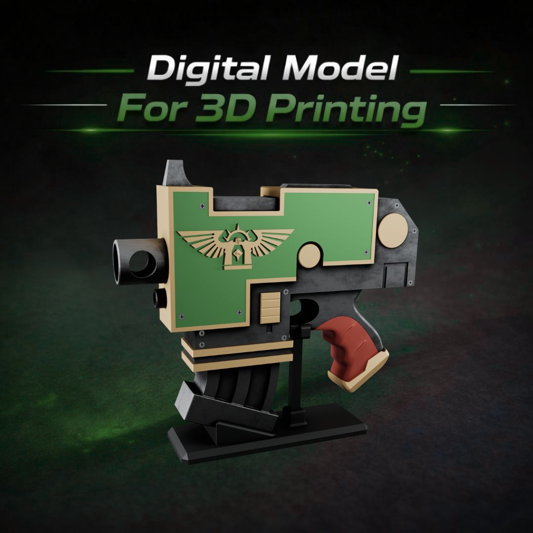 Grimdark Bolt Pistol Prop with 3D Printable Display Stand STL File