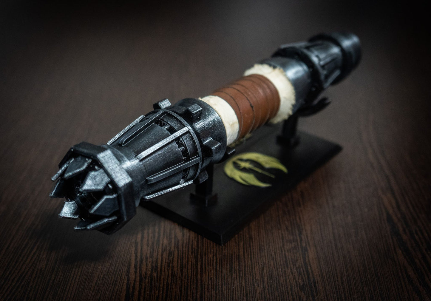 Side profile of the scavenger style lightsaber hilt showing intricate 3D print layers
