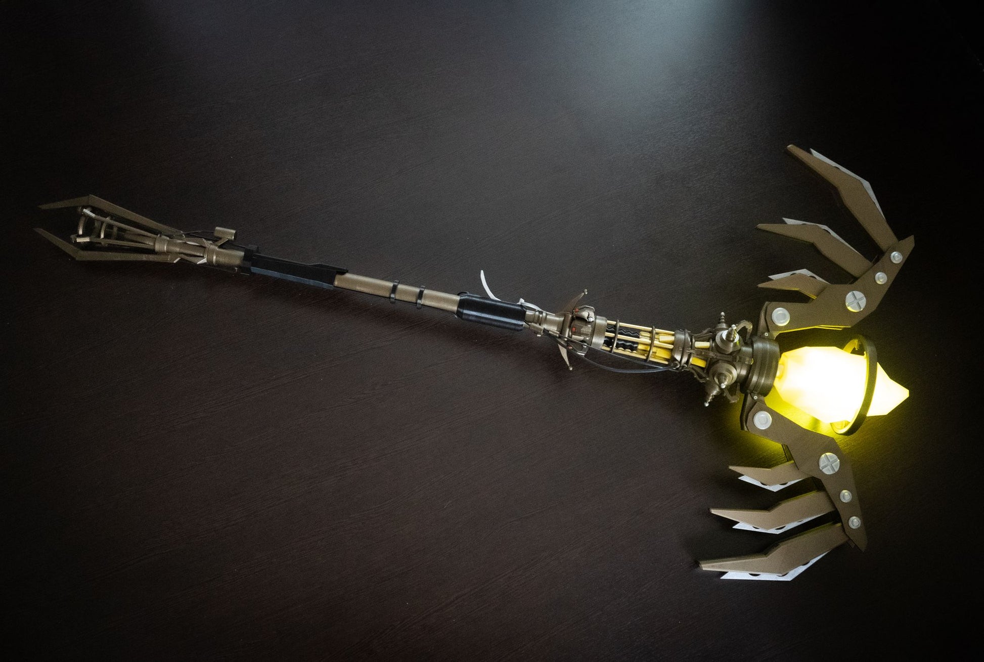 High-fidelity 3D printed Wind Staff with weathered metallic paint finish